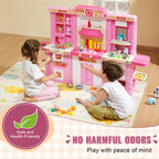 Kids Kitchen Playset with 74 Accessories - Pink Pretend Cooking Toy Set