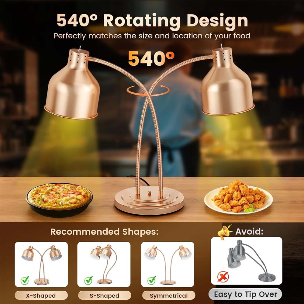 Food Heat Lamp 2 Head Stainless Steel Commercial Food Warmer Lamp 540° Rotation
