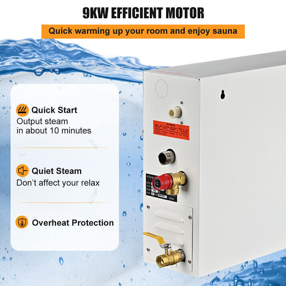 9KW Steam Generator Machine Auto Drain Sauna Bath Shower Heating for Space 9m³