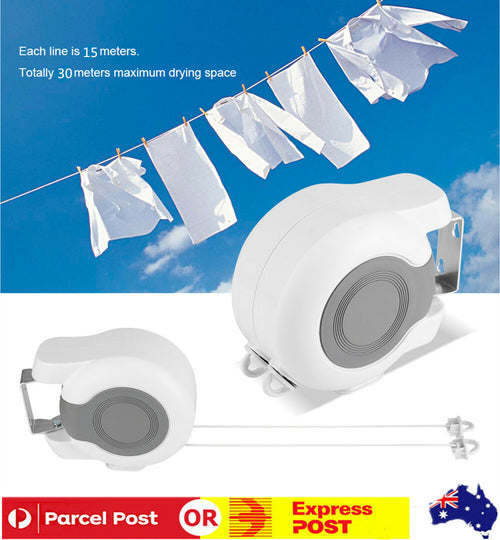 15M Double Line Clothesline Retractable Wall Hanger Clothes Dryer Drying Rack AU