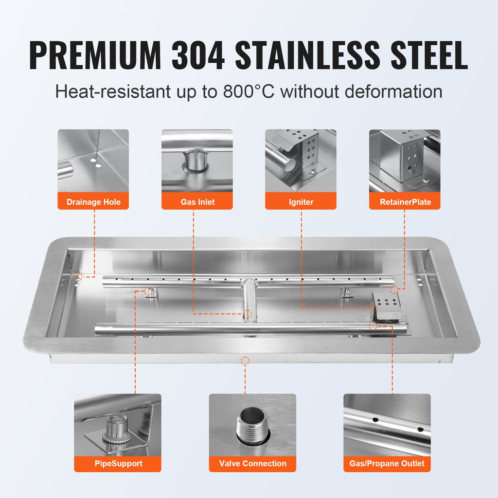 24x8 inch Drop-in Fire Pit Pan with H-shape Burner Kit, 120,000 BTU