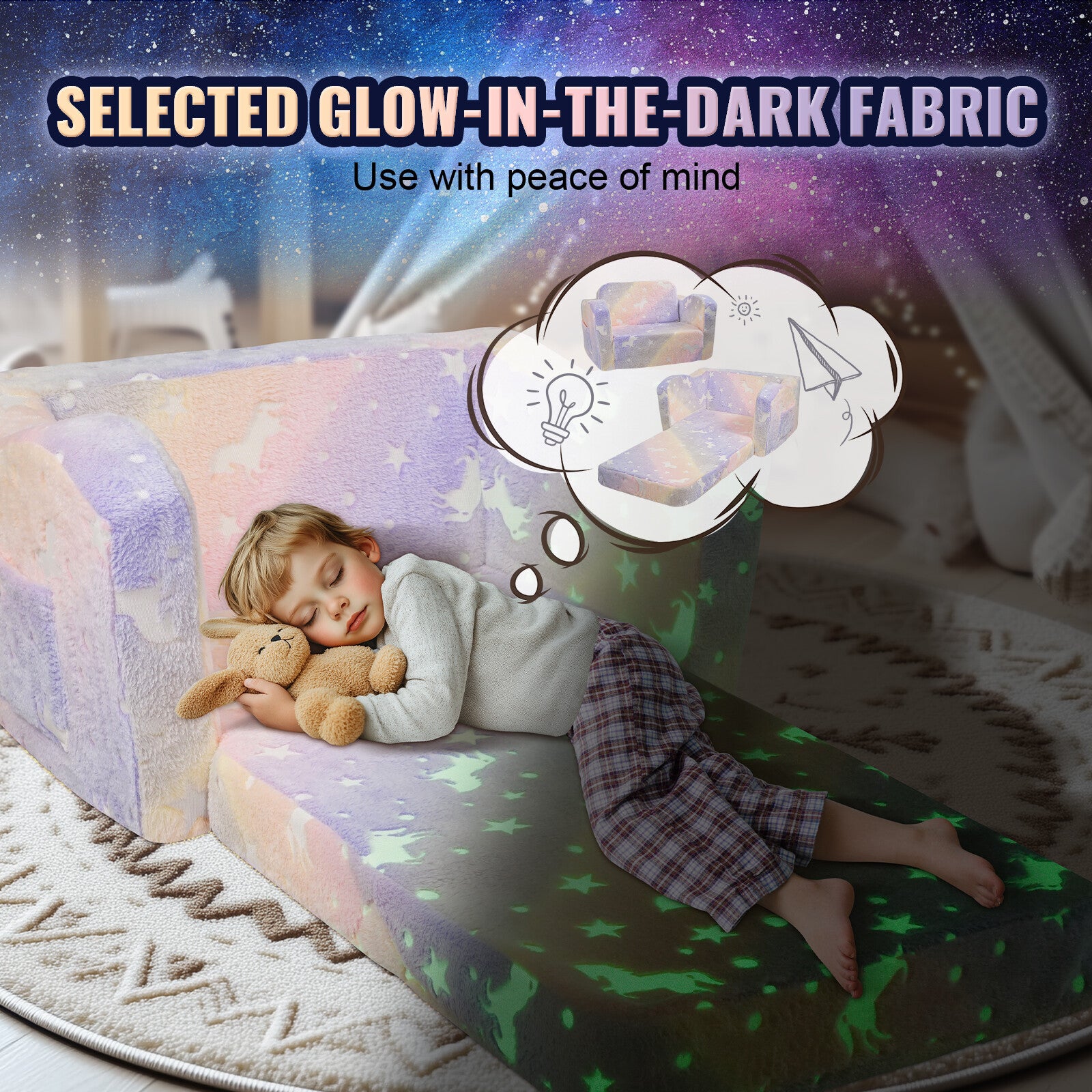 Modular Glow-in-the-Dark Kids Play Couch and Foldable Lounger Chair