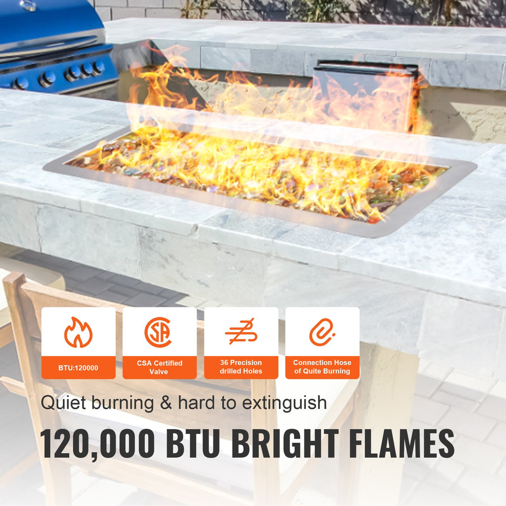 24x8 inch Drop-in Fire Pit Pan with H-shape Burner Kit, 120,000 BTU