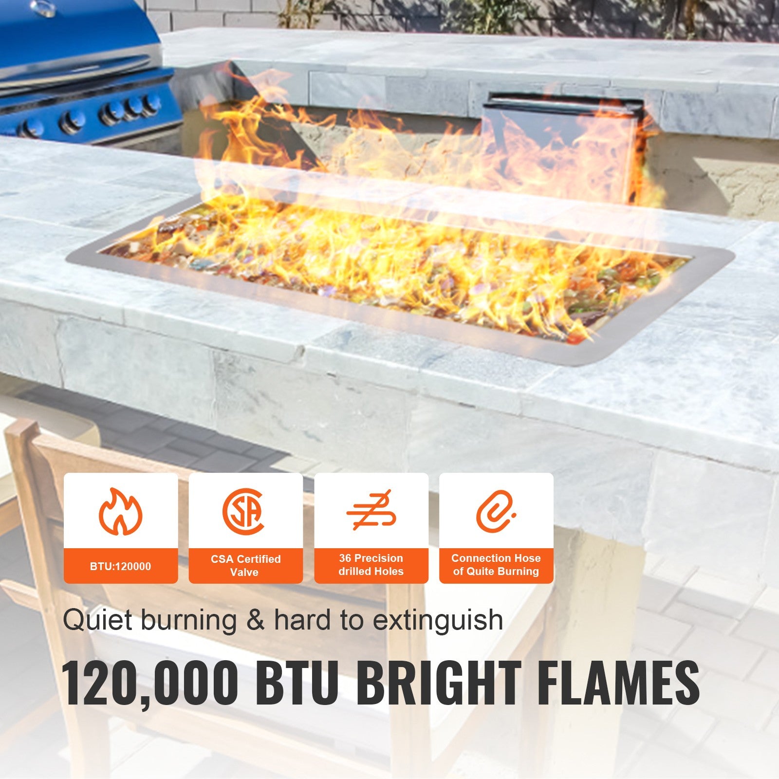 24x8 inch Drop-in Fire Pit Pan with H-shape Burner Kit, 120,000 BTU