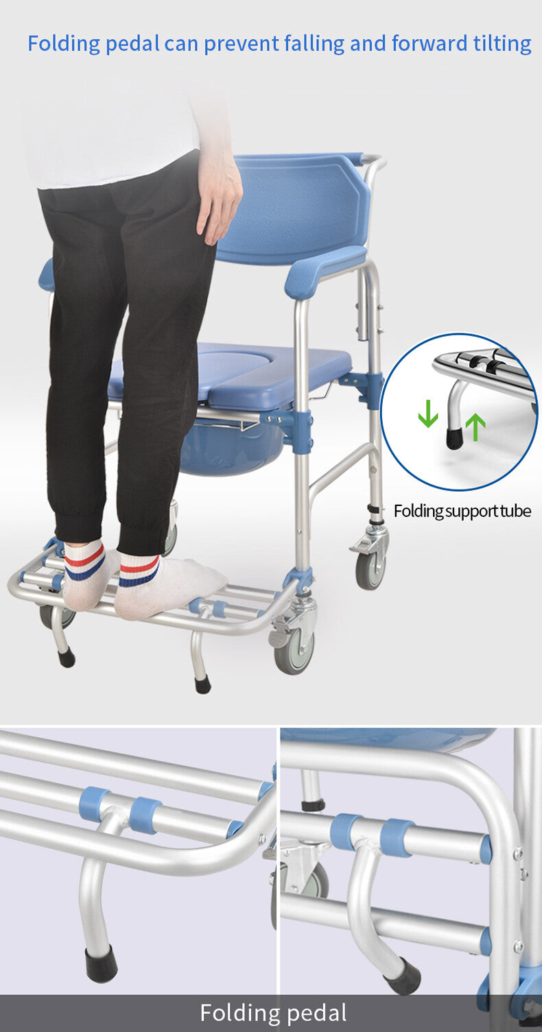 Aluminum Mobile Shower Toilet Commode Chair Bathroom Bedside Footrest Wheelchair