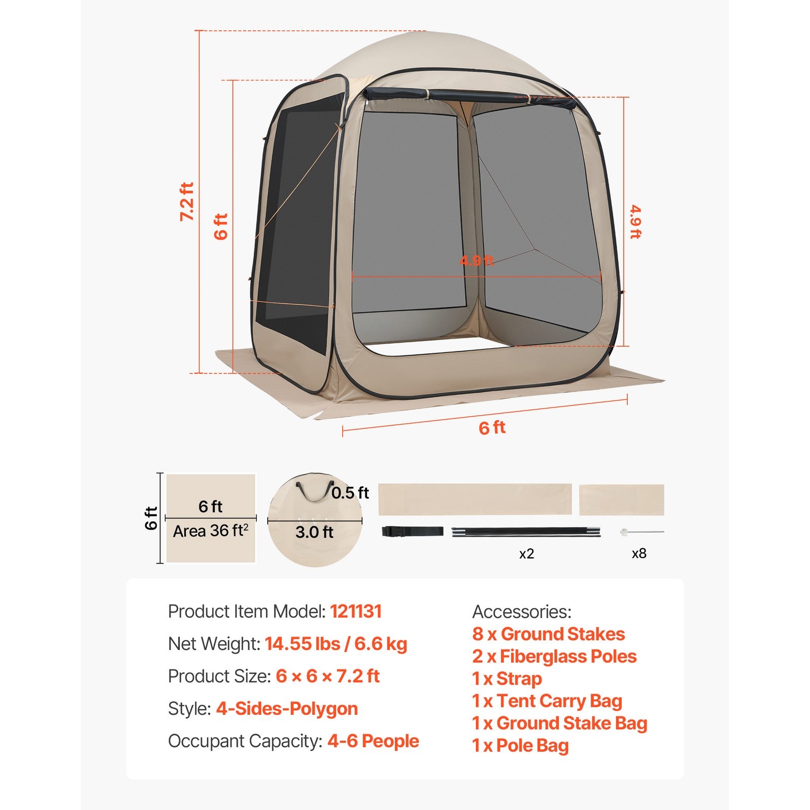 Pop-Up Screen Tent for 4-6 People, Dimensions 1825 x 1825 x 2200mm