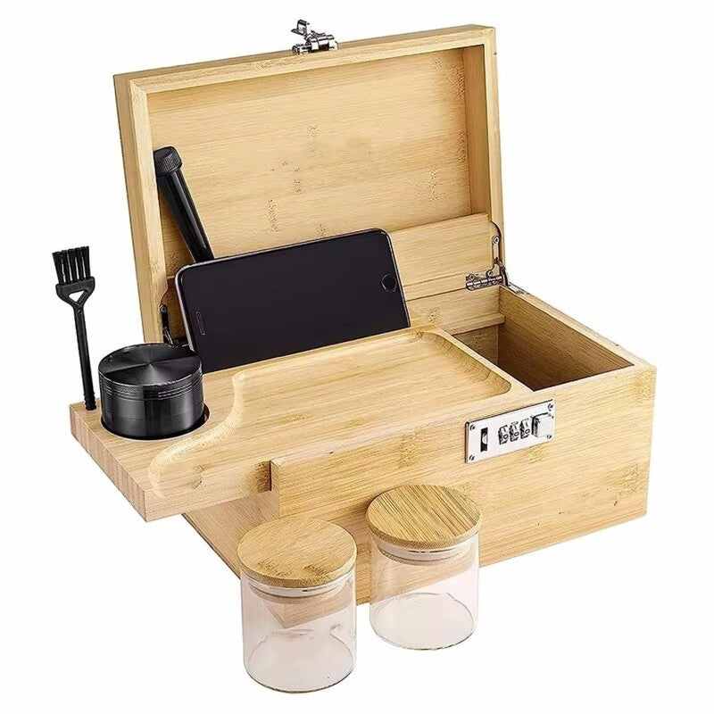 Bamboo Storage Chest with Movable Tray Locking Grinder and Jars Stash Box Bundle
