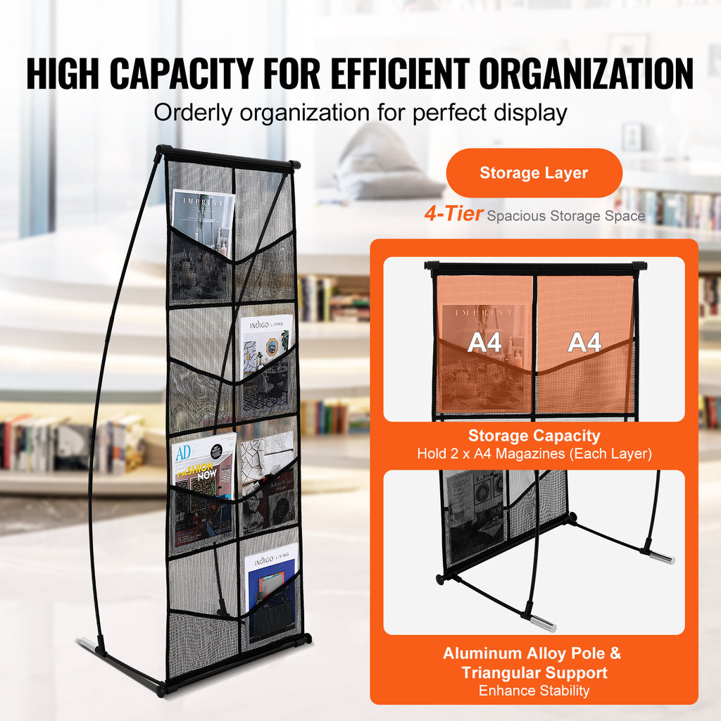 4-Tier Mesh Brochure Display Stand with 8 Pockets for Magazines & Flyers