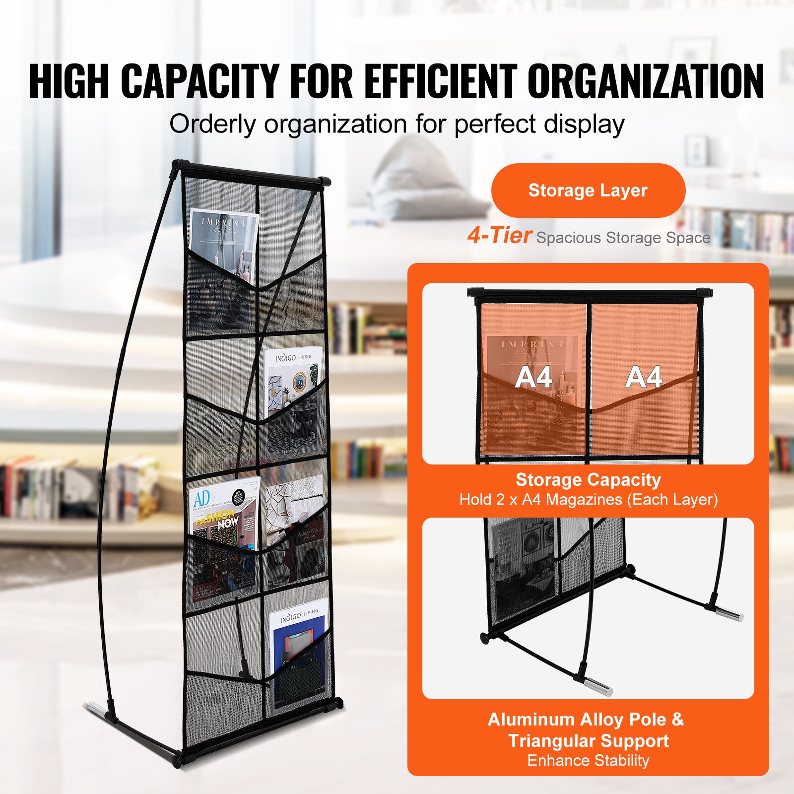 4-Tier Mesh Brochure Display Stand with 8 Pockets for Magazines & Flyers