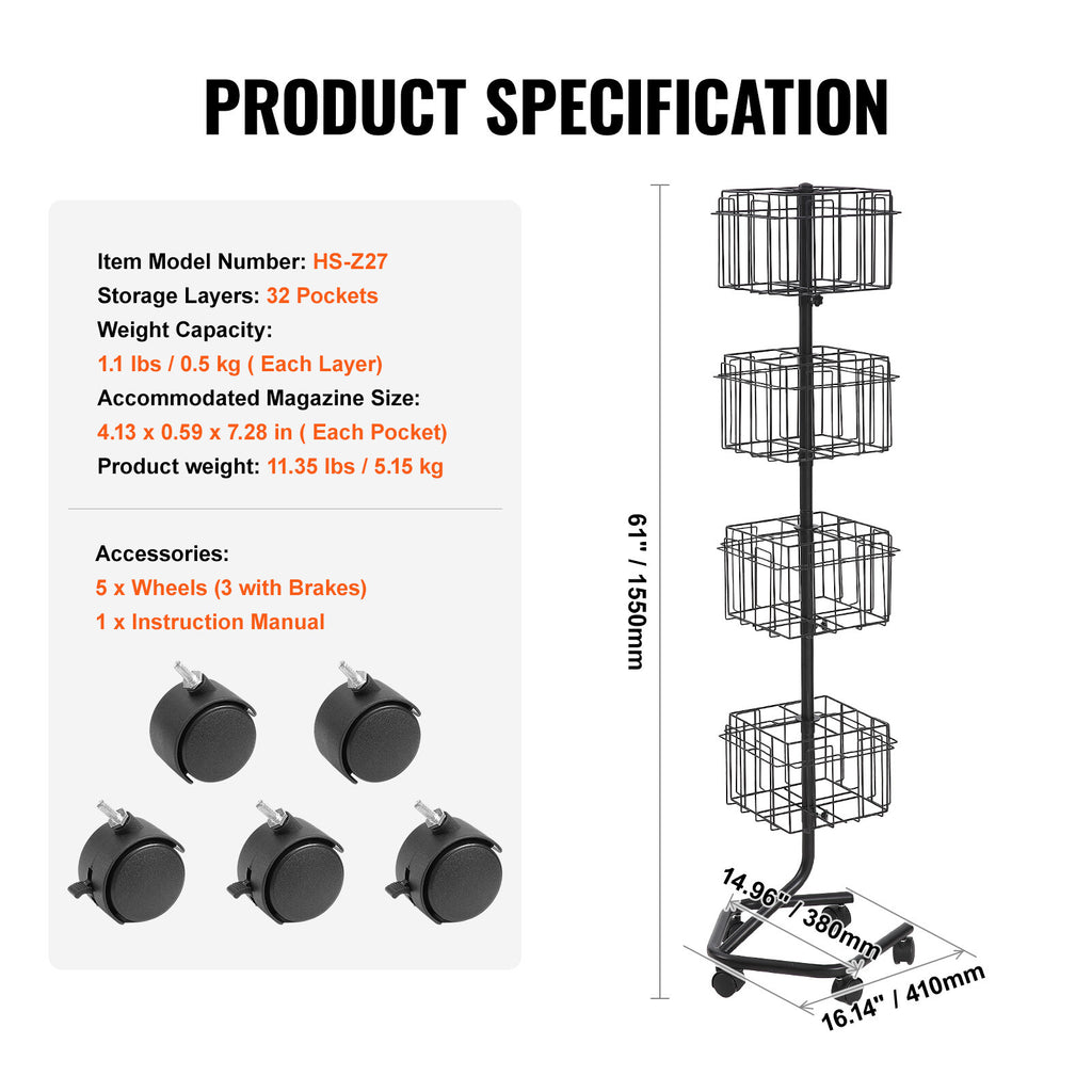 32-Pocket Rotating Brochure Display Stand with 360° Casters and 5 Wheels