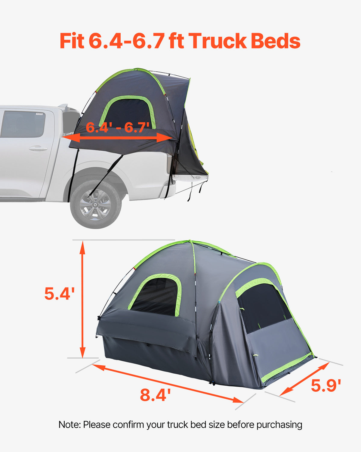 Waterproof Truck Bed Tent for 2-3 People, Fits 6.4-6.7ft Beds, Easy Setup