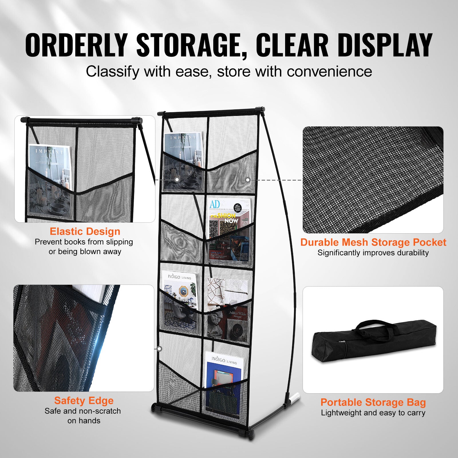 4-Tier Mesh Brochure Display Stand with 8 Pockets for Magazines & Flyers
