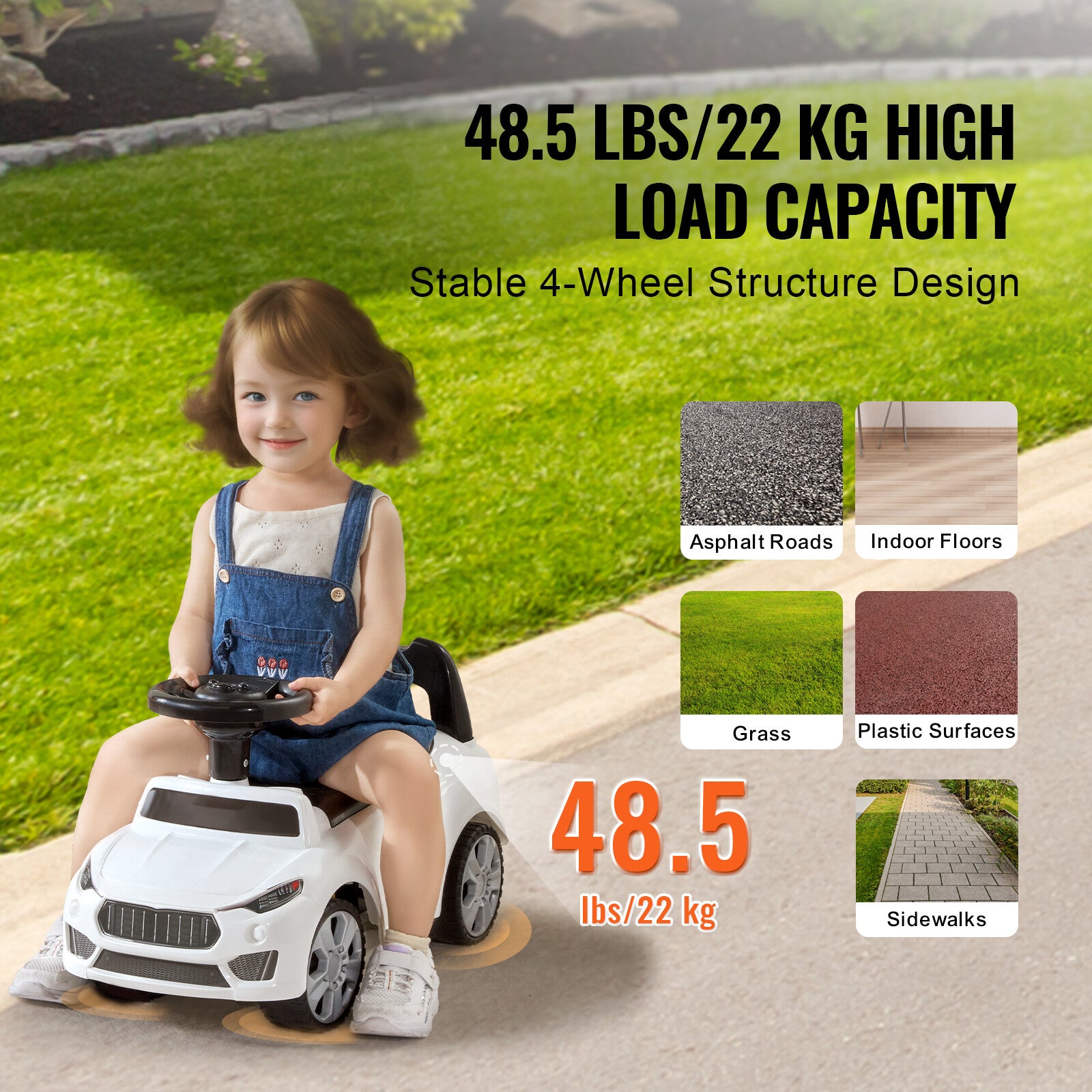 Toddler Push Ride-On Car with Music & Storage, Ages 1-3, White