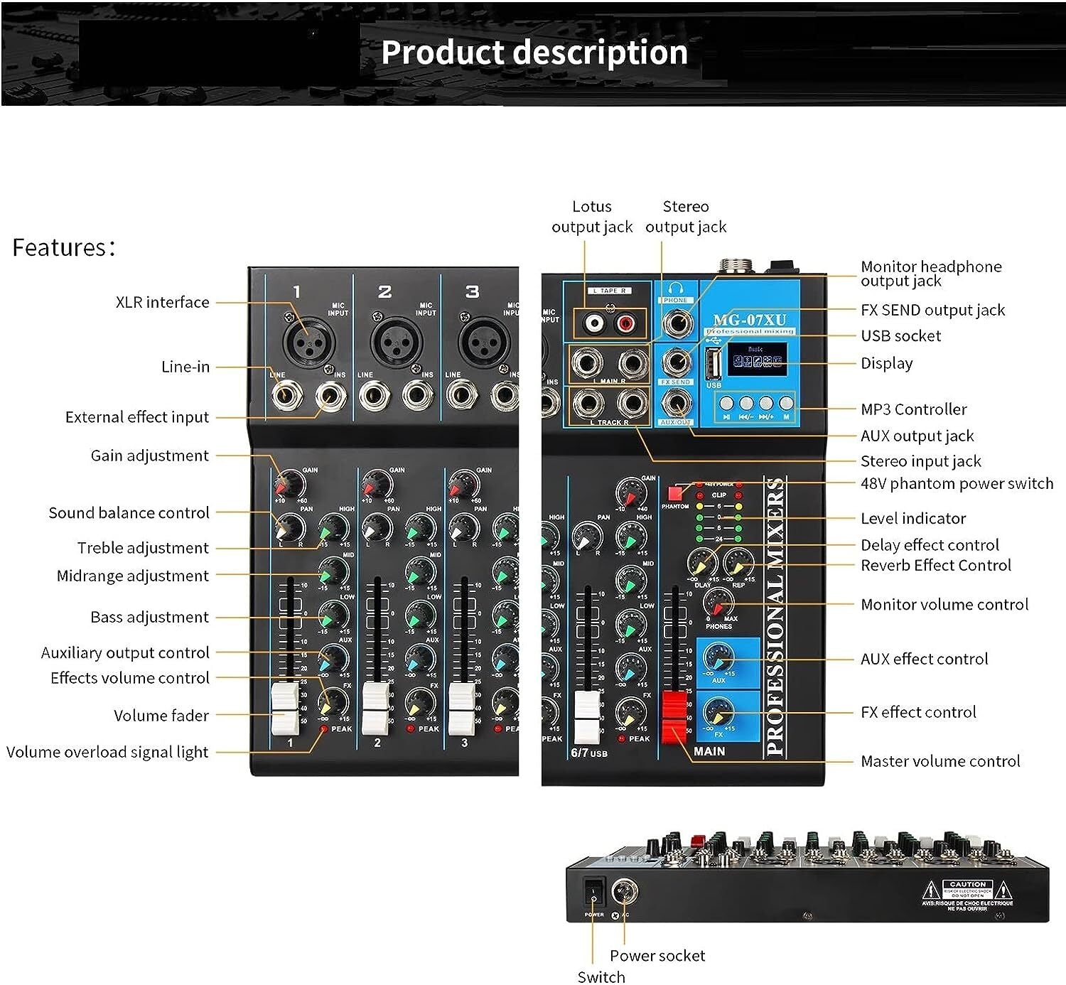 Bluetooth Portable Audio Mixer w/USB DJ Sound Mixing Console 7-Channel