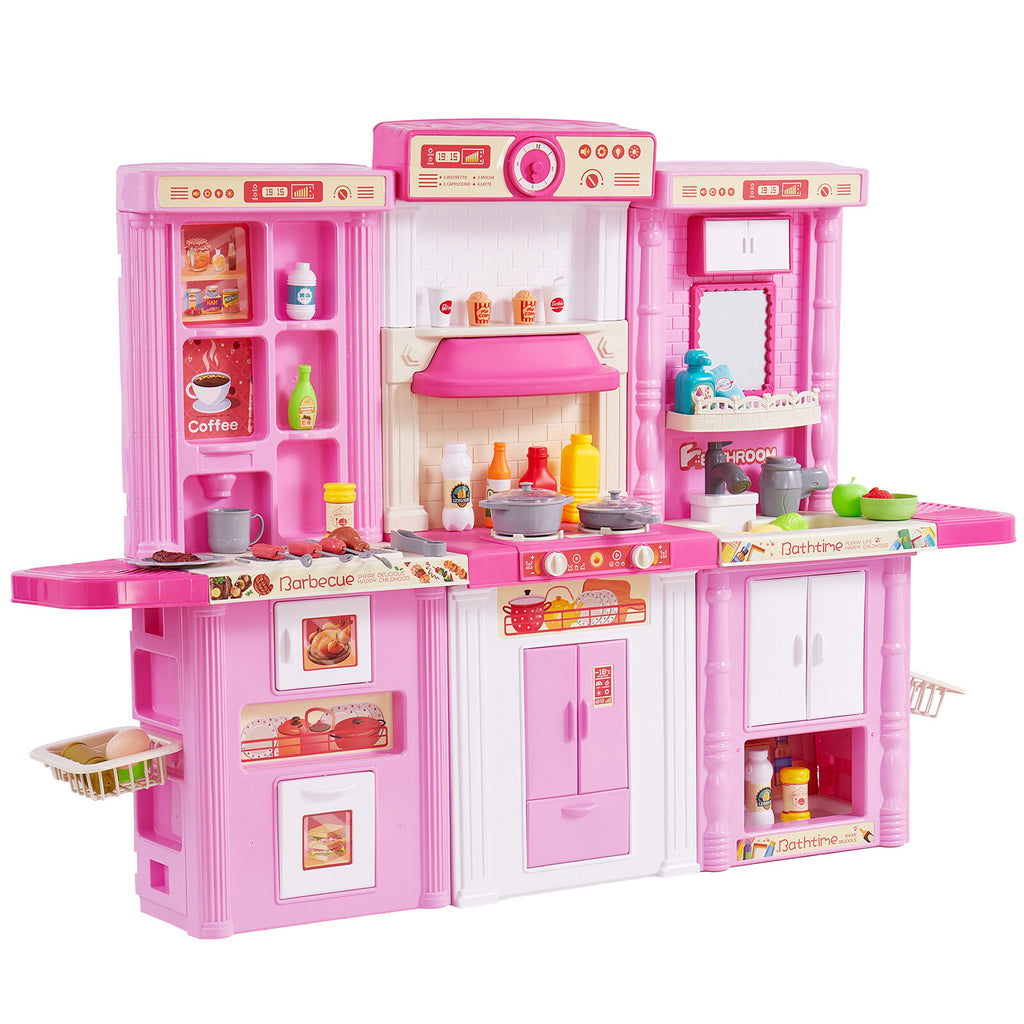 Kids Kitchen Playset with 74 Accessories - Pink Pretend Cooking Toy Set