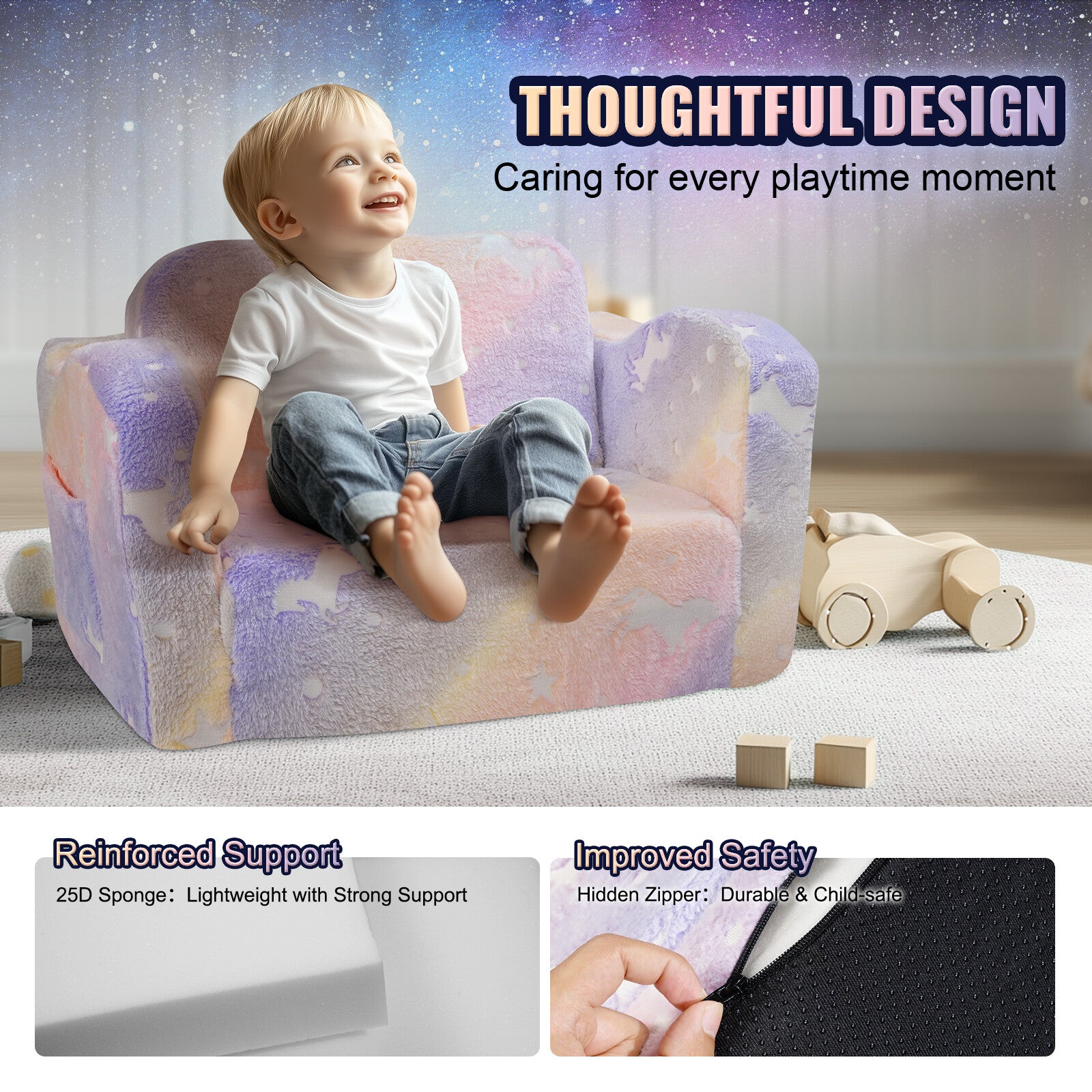 Modular Glow-in-the-Dark Kids Play Couch and Foldable Lounger Chair