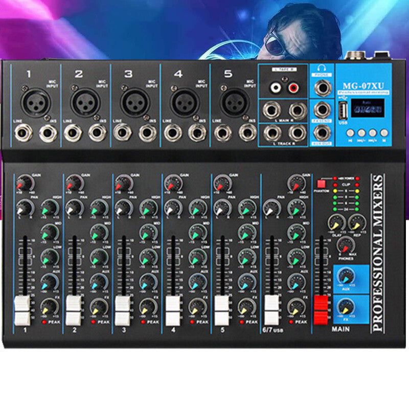 Bluetooth Portable Audio Mixer w/USB DJ Sound Mixing Console 7-Channel