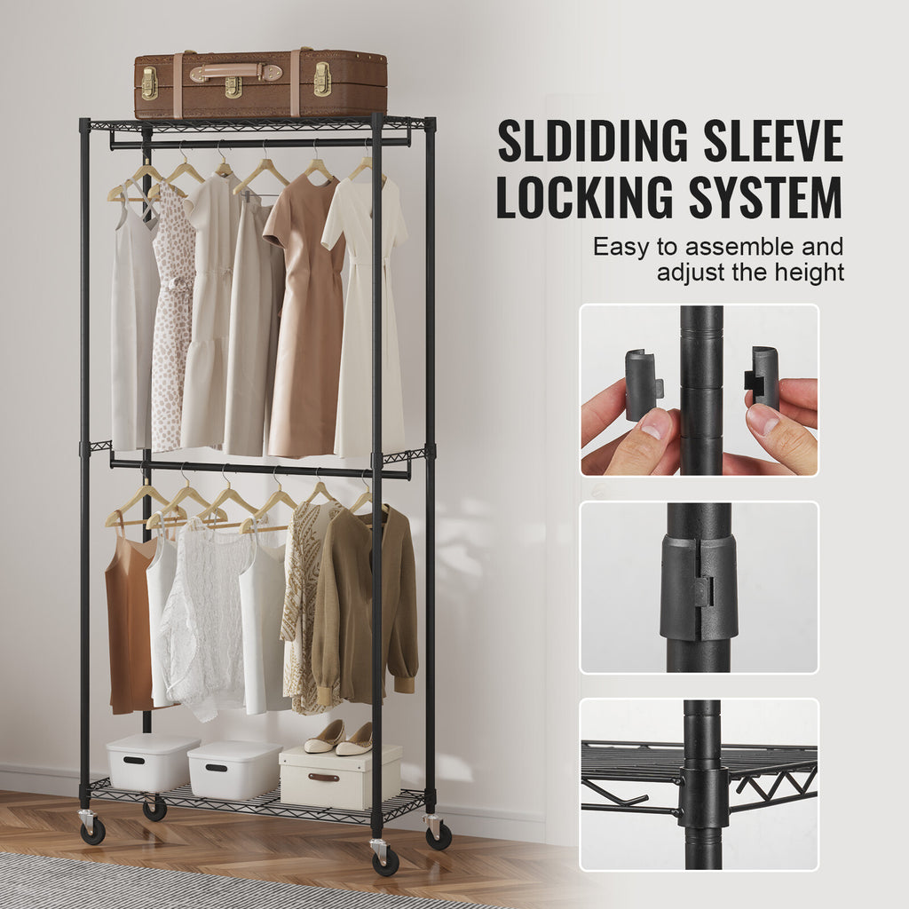 Heavy Duty Garment Rack with Double Hanging Rods & Adjustable Storage