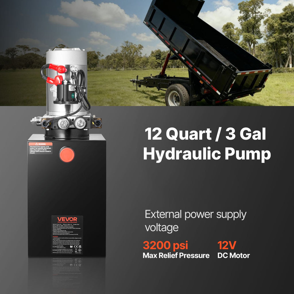 12 L Hydraulic Power Unit, Double Acting Dump Trailer Pump, 22 MPa Max Relief Pressure & 3.4 L/min Flow Rate, DC 12V Hydraulic Pump with Metal Reservoir for Dump Trailer Car Lifting