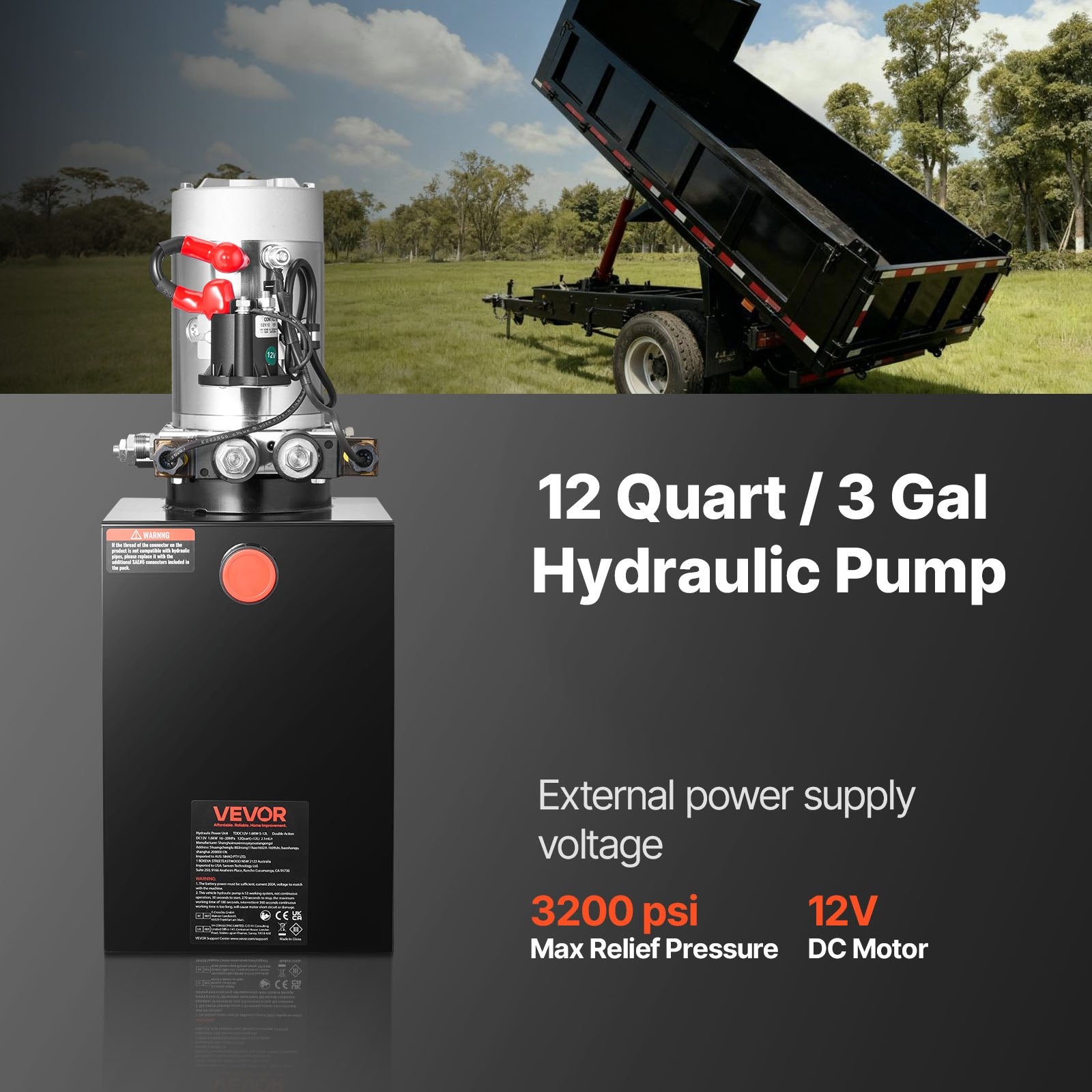 12 L Hydraulic Power Unit, Double Acting Dump Trailer Pump, 22 MPa Max Relief Pressure & 3.4 L/min Flow Rate, DC 12V Hydraulic Pump with Metal Reservoir for Dump Trailer Car Lifting