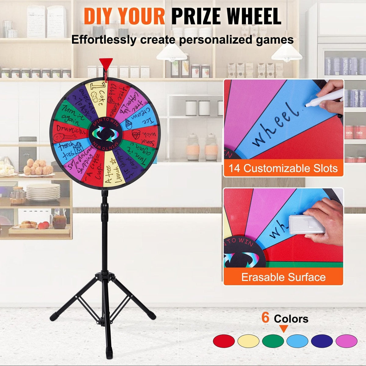 18 Inch Tabletop Color Prize Wheel with Folding Tripod Floor Stand 14 Slots