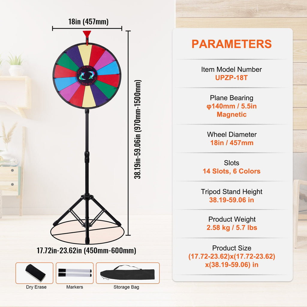 18 Inch Tabletop Color Prize Wheel with Folding Tripod Floor Stand 14 Slots