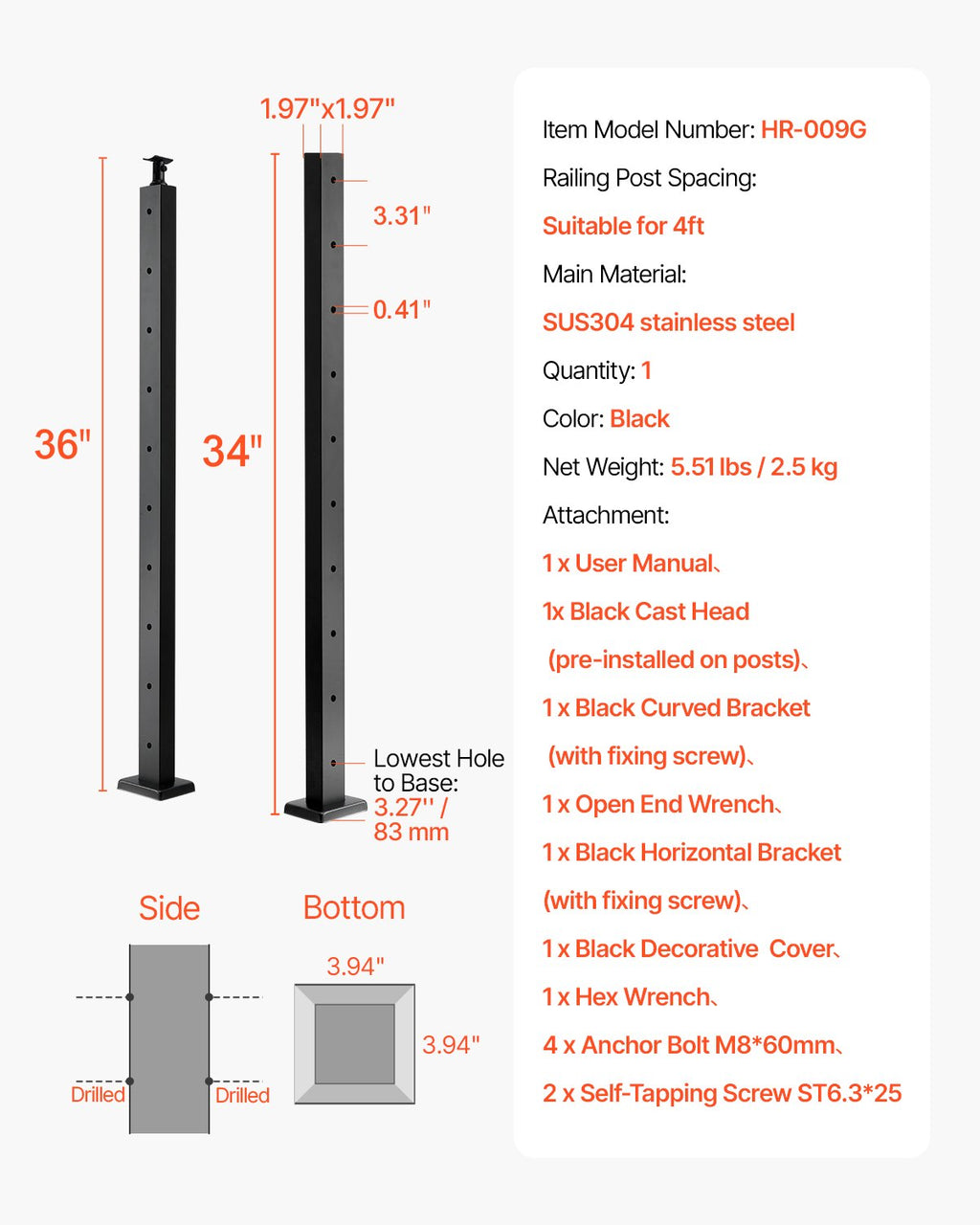 1-Pack Cable Railing Post, 36x2x2 In Horizontal-Hole Deck Railing Post with Pre-Drilled Holes, Stainless Steel Cable Rail Post with Horizontal and Curved Bracket, Black, 1JZLGZXHS9148RVYS001V0