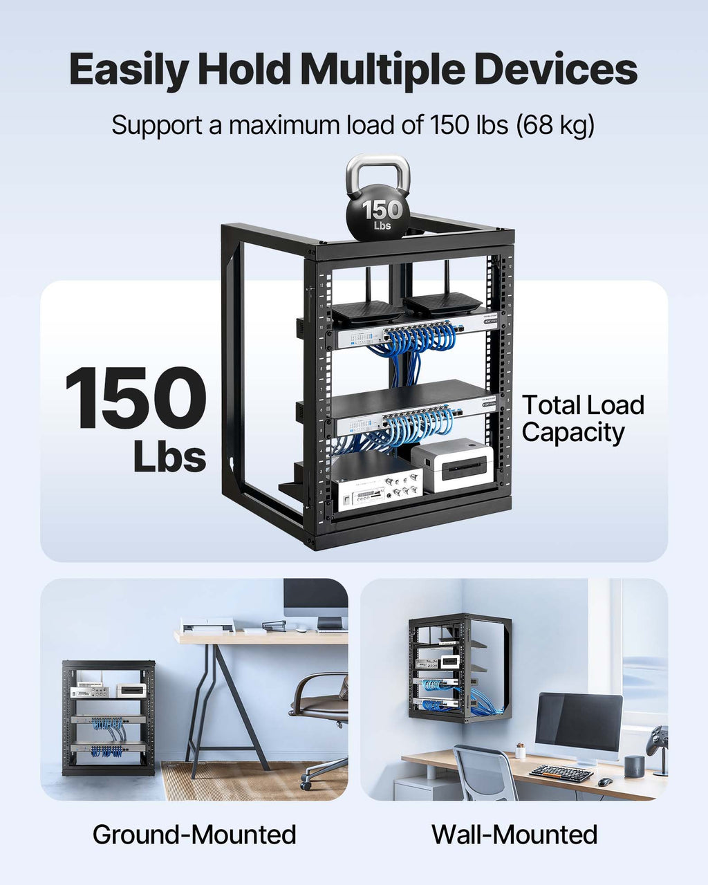 12U Wall Mount Server Rack, 68.04 kg Max Load Capacity, Open Frame Network Rack with 180 Degrees Gate Swing Door, Carbon Steel, Ideal for IT Network Equipment & AV Devices Computer Server, Black