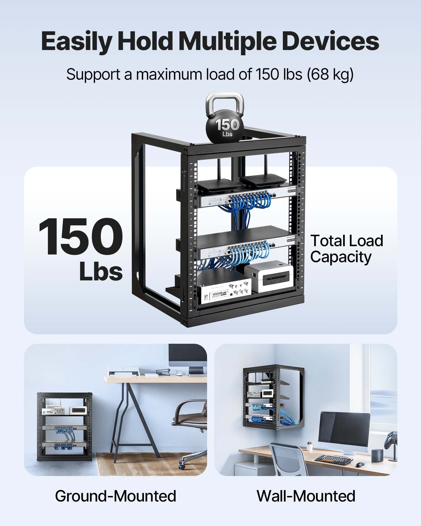12U Wall Mount Server Rack, 68.04 kg Max Load Capacity, Open Frame Network Rack with 180 Degrees Gate Swing Door, Carbon Steel, Ideal for IT Network Equipment & AV Devices Computer Server, Black