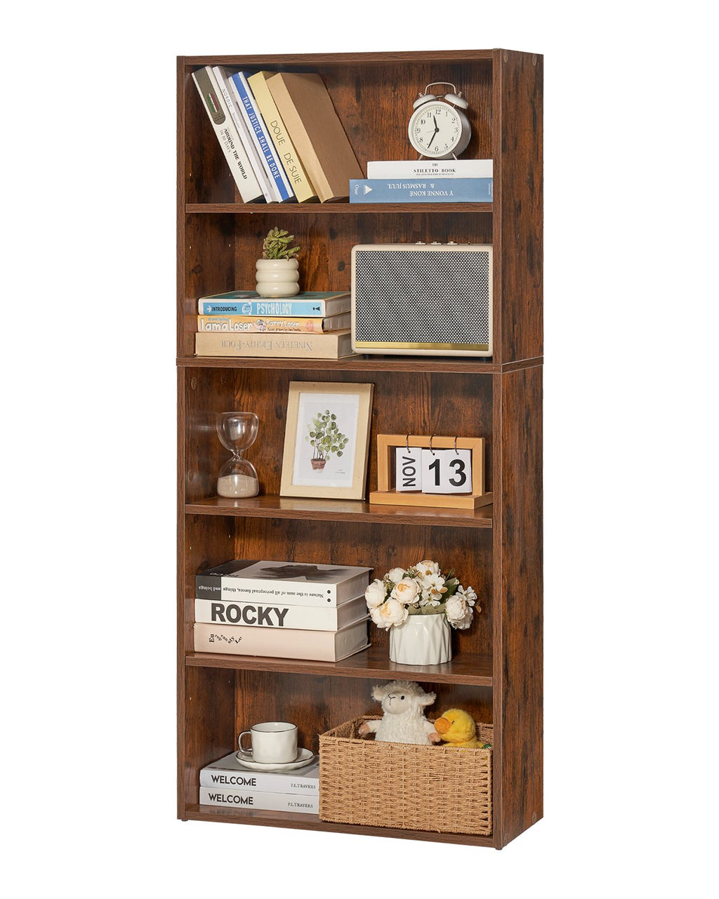 5-Tier Narrow Bookshelf 134cm Wooden Open Bookcase Adjustable Shelf Brown