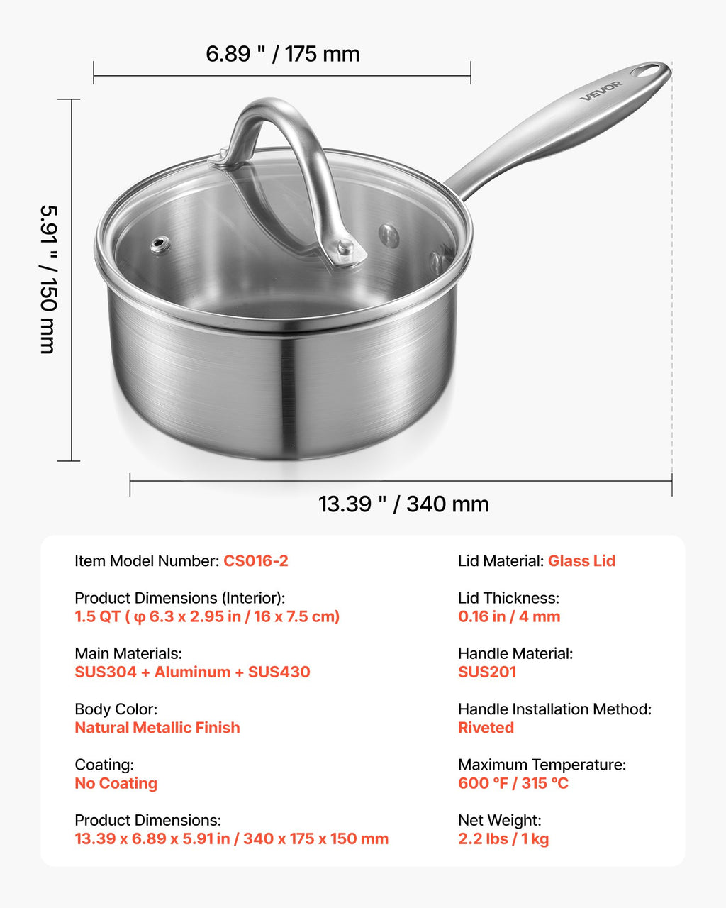 1.5 QT Saucepan, Stainless Steel Saucepan with Glass Lid, Multipurpose Nonstick Stainless Steel Small Cooking Sauce Pot with Ergonomic Handle, Friendly for Oven, Dishwasher, Induction Cooker