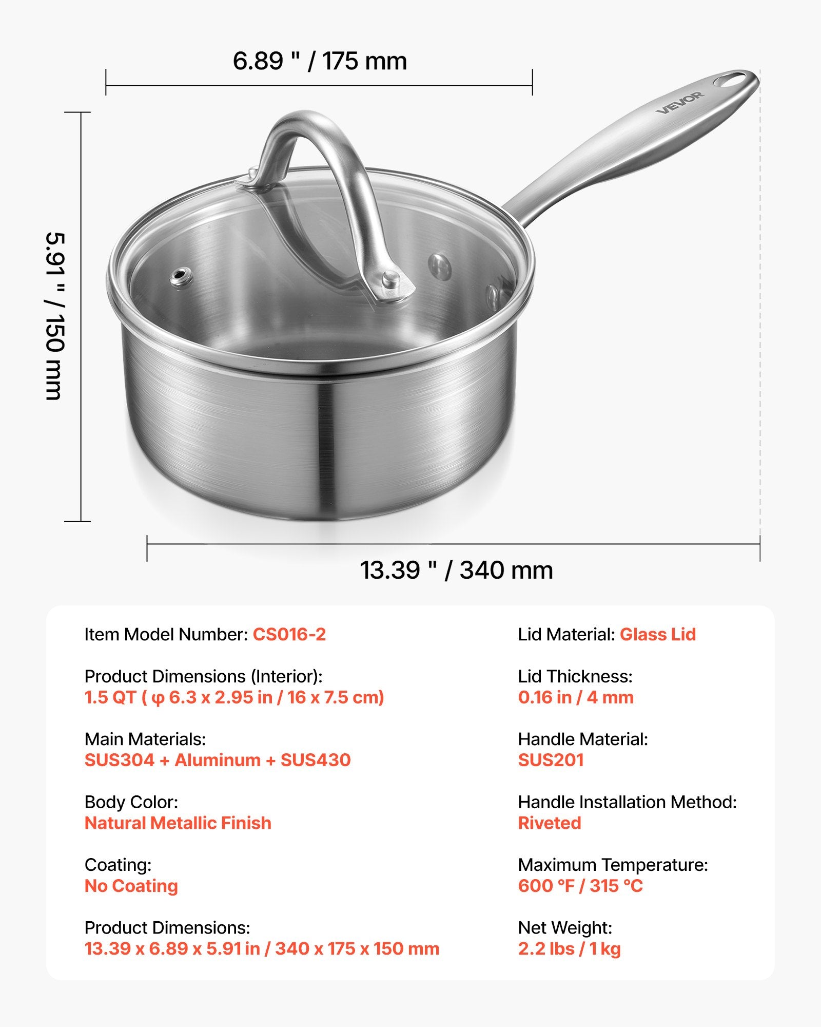 1.5 QT Saucepan, Stainless Steel Saucepan with Glass Lid, Multipurpose Nonstick Stainless Steel Small Cooking Sauce Pot with Ergonomic Handle, Friendly for Oven, Dishwasher, Induction Cooker
