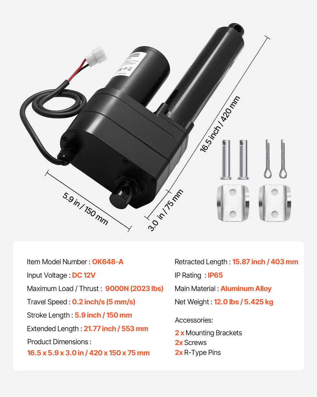 12V Linear Actuator, 150mm Stroke Ultra Heavy-Duty 9000N Linear Motion Actuator, IP65-Rated 5mm/s with Mounting Brackets for Industrial Machinery Vessels, Heavy Lifting Systems
