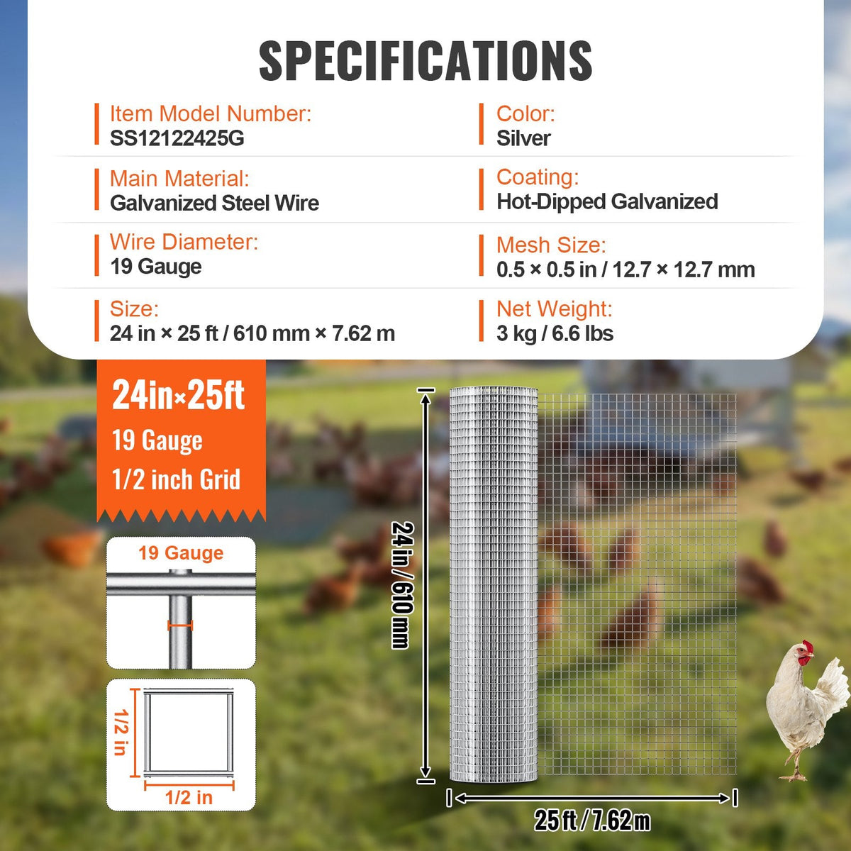 Hardware Cloth, 12.7mm 610mm×7.62m 19 Gauge, Hot Dipped Galvanized Wire Mesh