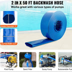 Backwash Hose, 2 in x 50 ft, Heavy-Duty PVC Flat Pool Discharge Hose with