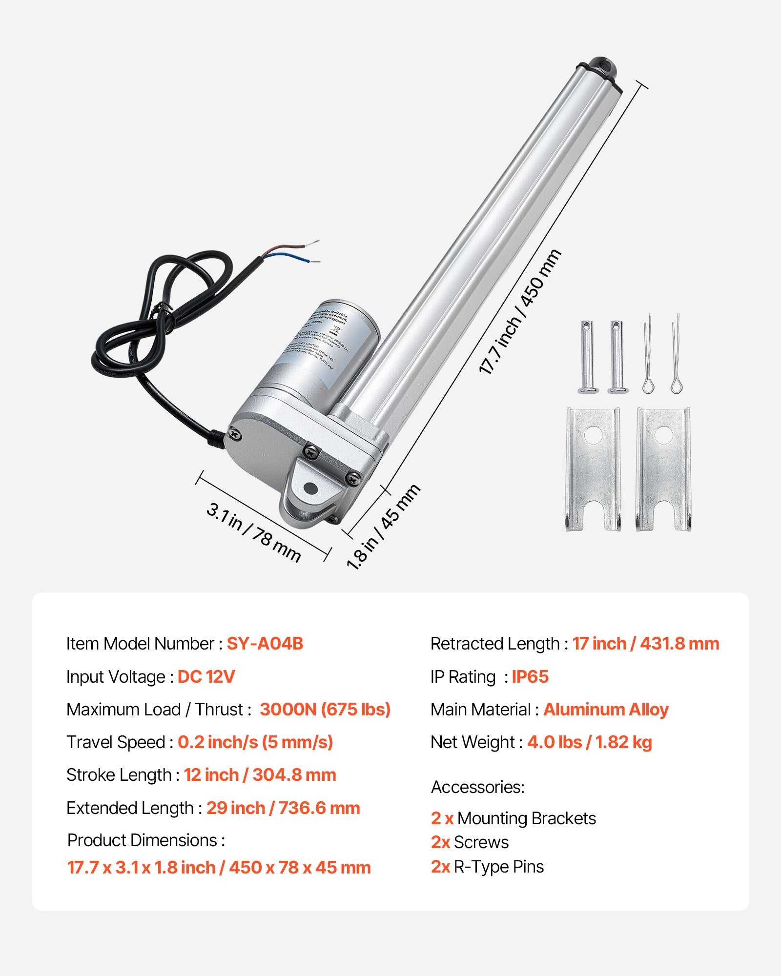 12V Linear Actuator, 304.8mm Stroke IP65 Waterproof Linear Actuator, 3000N 5mm/s Motion Actuators with Mounting Bracket for Solar Trackers, Industrial Machinery, Door Opener