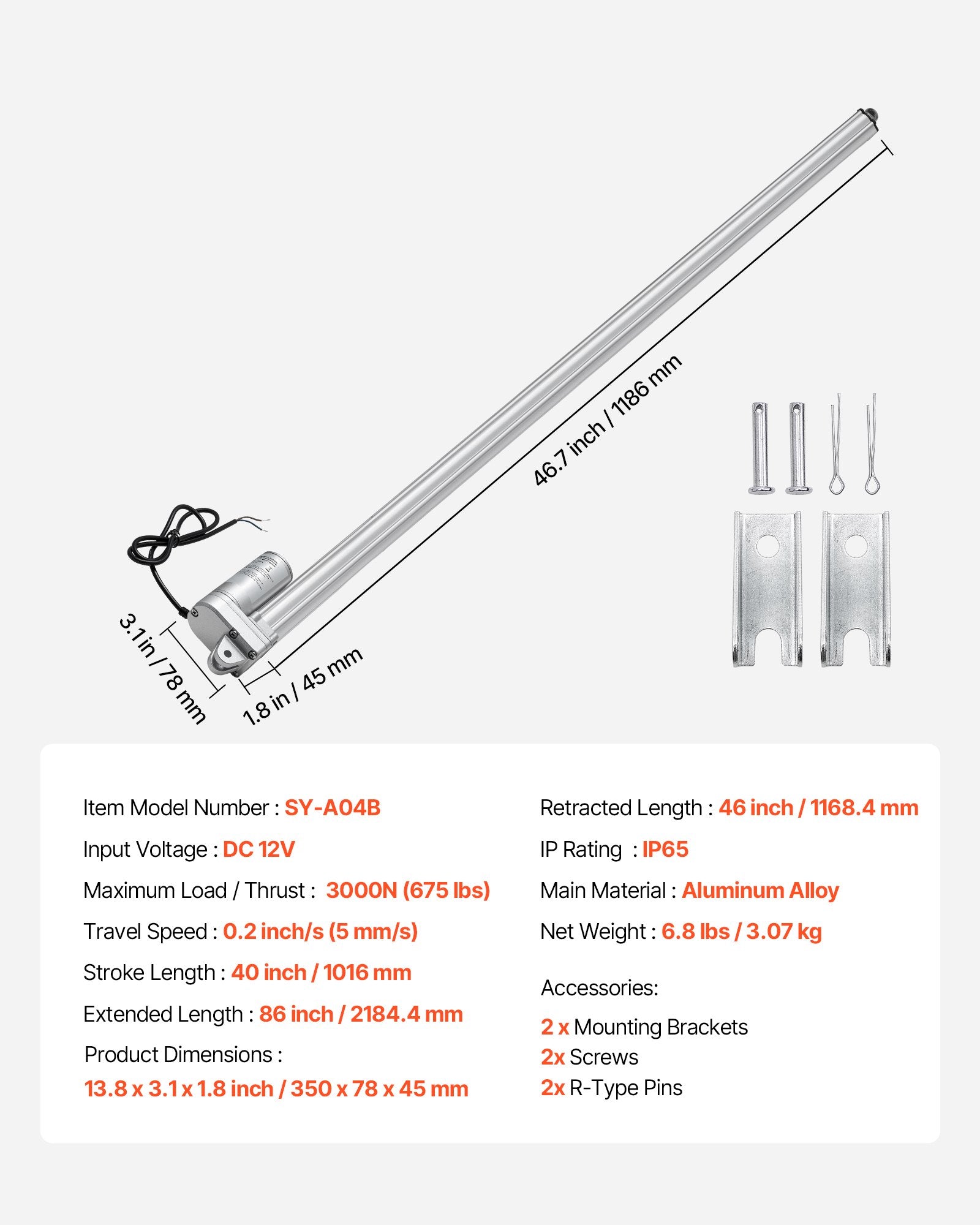 12V Linear Actuator, 1016mm Stroke IP65 Waterproof Linear Actuator, 3000N 5mm/s Motion Actuators with Mounting Bracket for Solar Trackers, Industrial Machinery, Door Opener