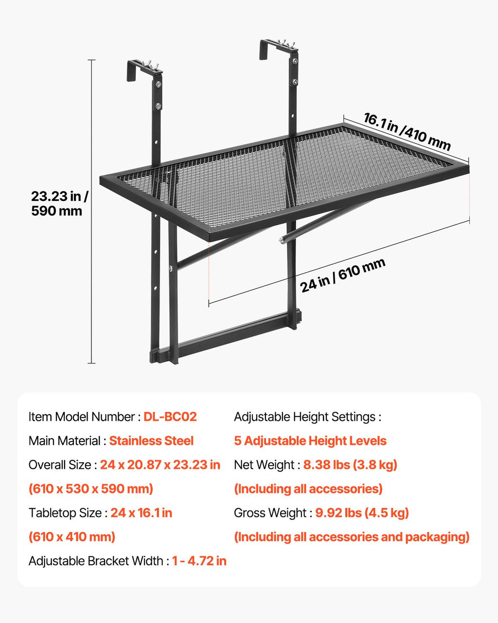 Balcony Hanging Table 19 x 24 in Metal Patio Railing Table Adjustable