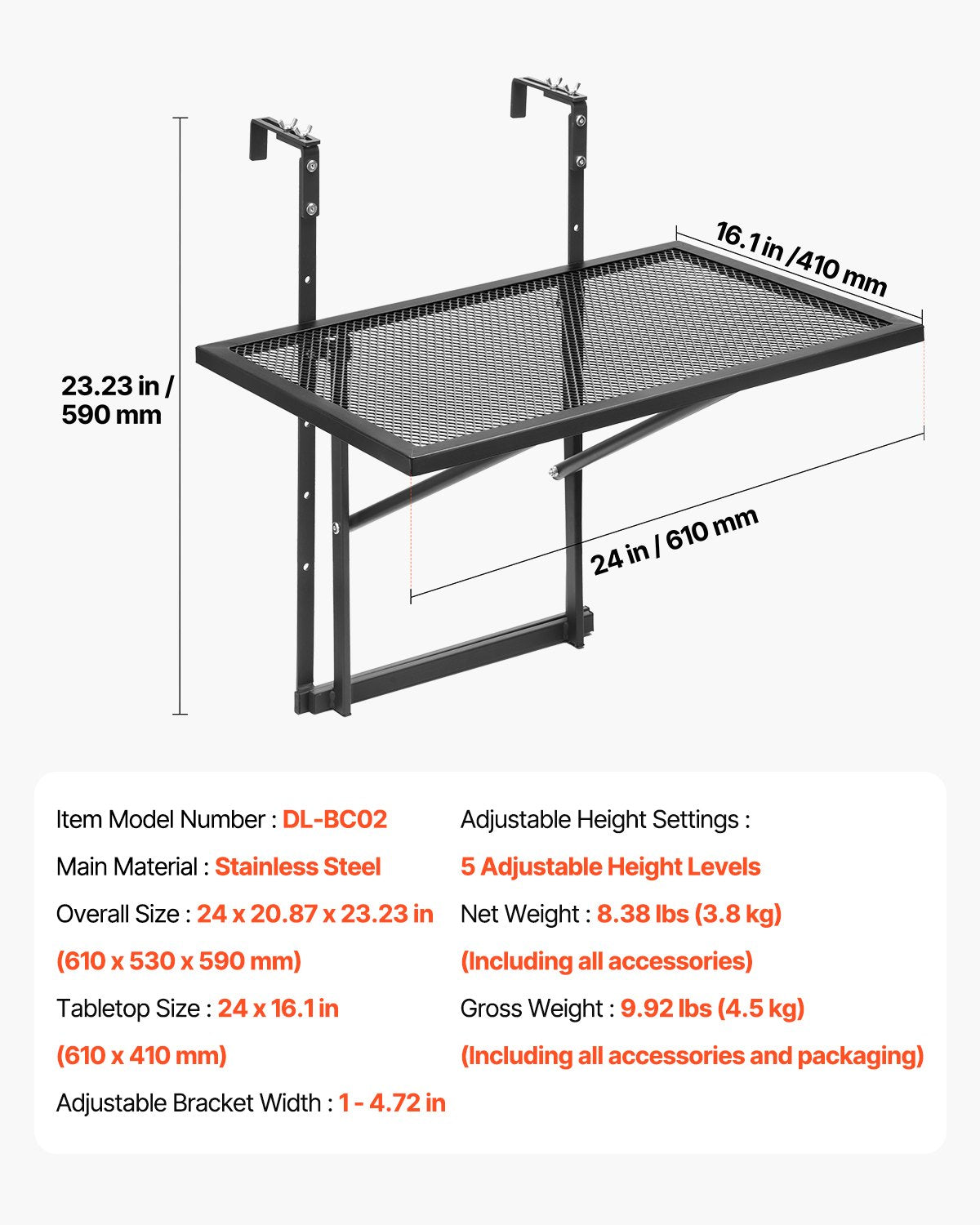 Balcony Hanging Table 19 x 24 in Metal Patio Railing Table Adjustable