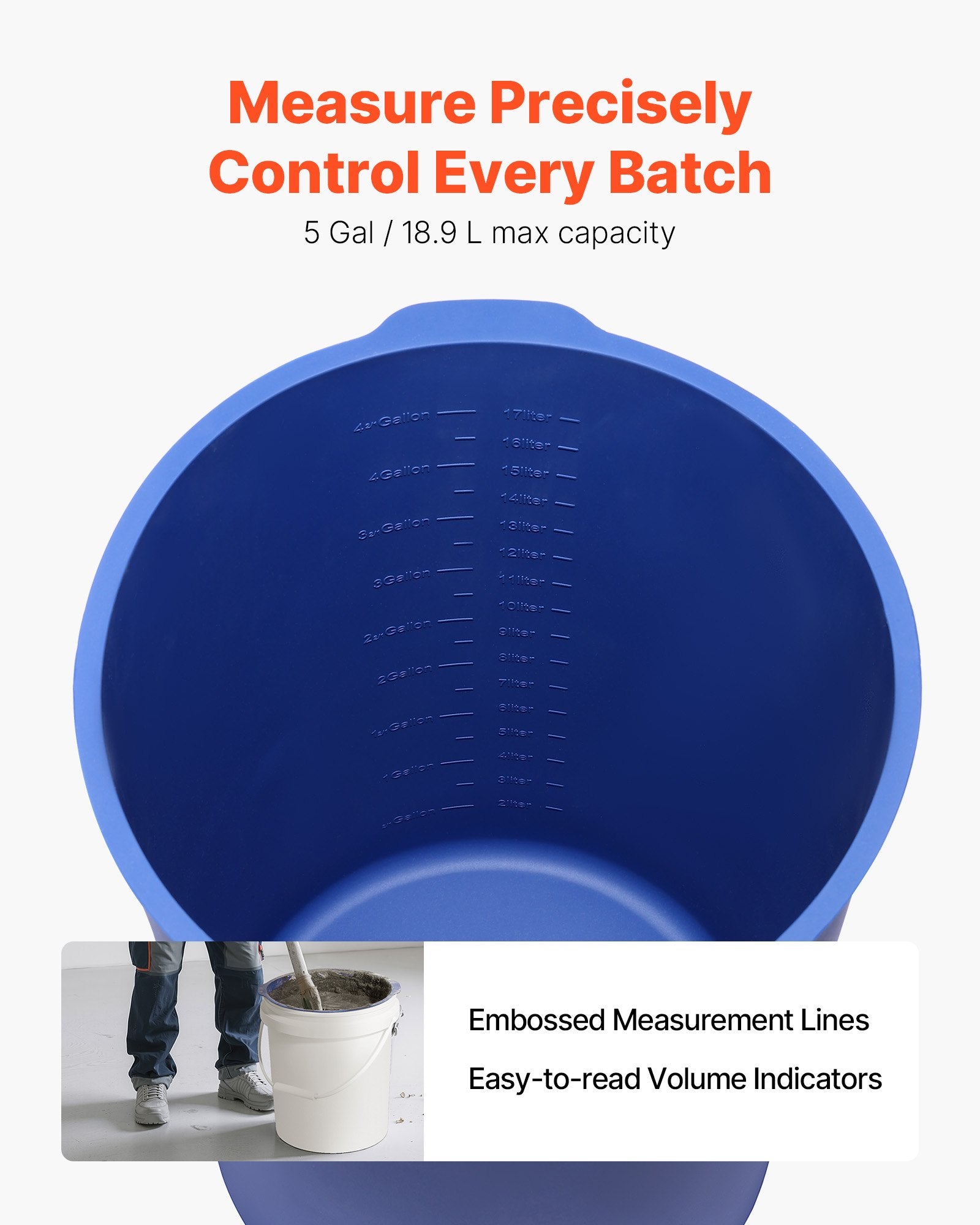 18.9L Bucket Liner for Concrete Mix, Reusable Silicone Mortar Bucket Liner for Thinset Paint Concrete Epoxy Mixing, Heavy-duty Grout Mixer Insert Tool with Graduated Measurements, Blue
