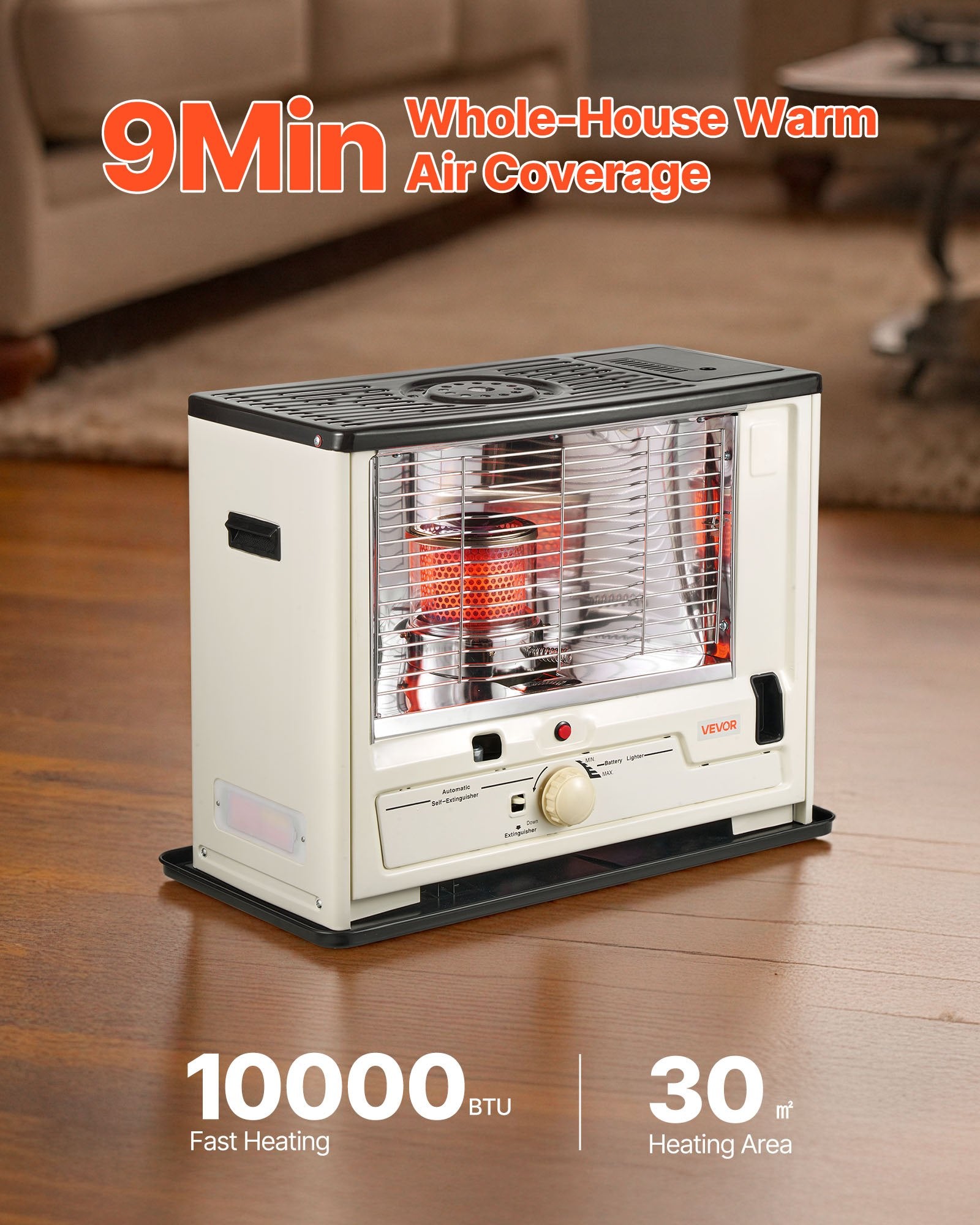 10000 BTU Indoor & Outdoor Kerosene Heater, Portable Space Heater with Auto Shut-Off & Adjustable Flame & Tip-Over, for Home, Garage, Basement, Camping, Workshop and Emergency,Black