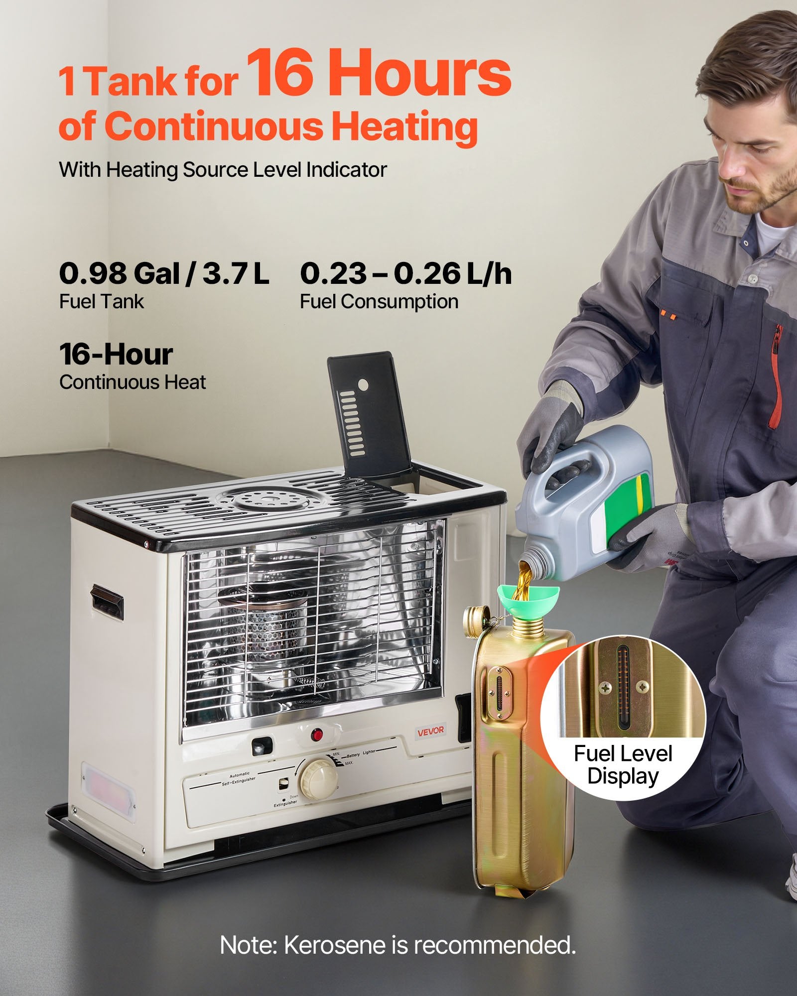 10000 BTU Indoor & Outdoor Kerosene Heater, Portable Space Heater with Auto Shut-Off & Adjustable Flame & Tip-Over, for Home, Garage, Basement, Camping, Workshop and Emergency,Black