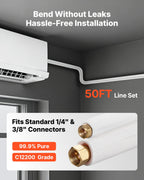 15.2m Mini Split Line Set, 6.4 & 9.5mm OD AC Copper Tubing Pipe, 3/8 White PE Thickened Insulated Coil with Flared Nuts, Rich Fittings, for Mini Split Air Conditioner HVAC or Heat Pump System