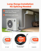 15.2m Mini Split Line Set, 6.4 & 9.5mm OD AC Copper Tubing Pipe, 3/8 White PE Thickened Insulated Coil with Flared Nuts, Rich Fittings, for Mini Split Air Conditioner HVAC or Heat Pump System