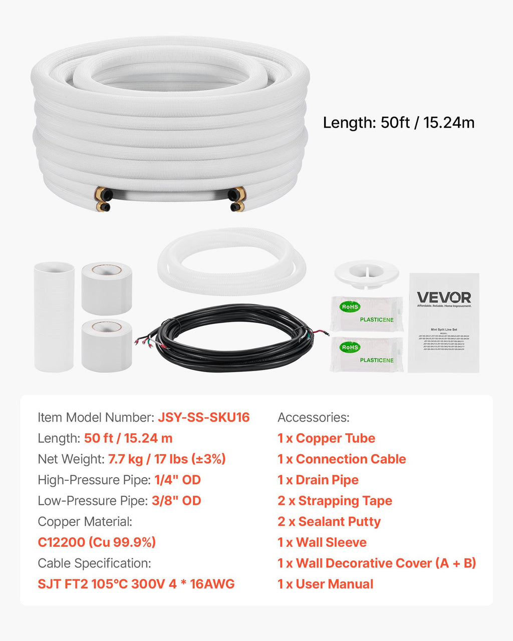 15.2m Mini Split Line Set, 6.4 & 9.5mm OD AC Copper Tubing Pipe, 3/8 White PE Thickened Insulated Coil with Flared Nuts, Rich Fittings, for Mini Split Air Conditioner HVAC or Heat Pump System