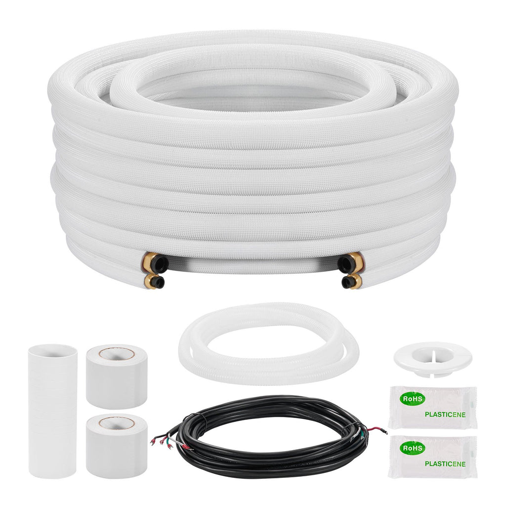 15.2m Mini Split Line Set, 6.4 & 9.5mm OD AC Copper Tubing Pipe, 3/8 White PE Thickened Insulated Coil with Flared Nuts, Rich Fittings, for Mini Split Air Conditioner HVAC or Heat Pump System