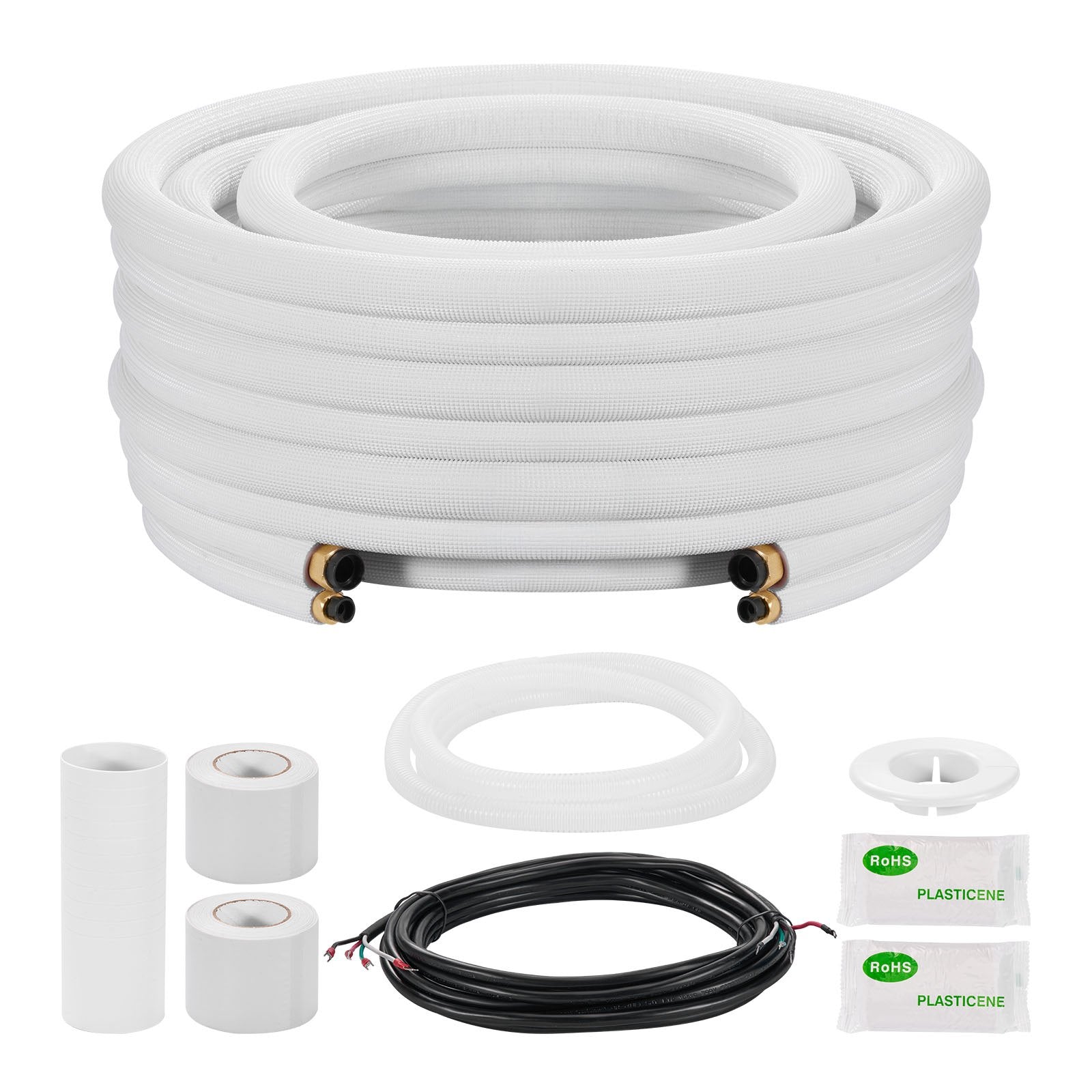 15.2m Mini Split Line Set, 6.4 & 12.7mm OD AC Copper Tubing Pipe, 3/8 White PE Thickened Insulated Coil with Flared Nuts, Rich Fittings, for Mini Split Air Conditioner HVAC or Heat Pump System