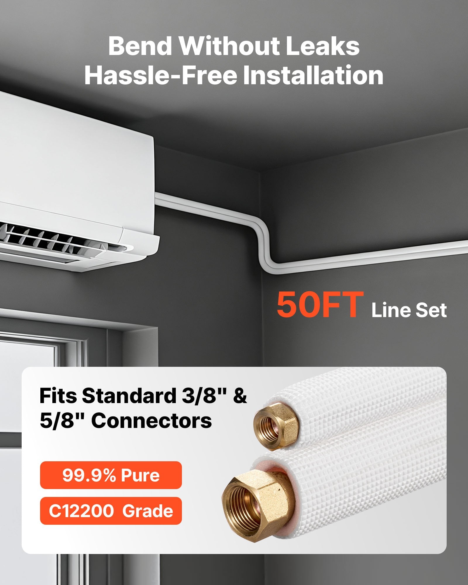 15.2m Mini Split Line Set, 9.5 & 15.9mm OD AC Copper Tubing Pipe, 3/8 White PE Thickened Insulated Coil with Flared Nuts, Rich Fittings, for Mini Split Air Conditioner HVAC or Heat Pump System