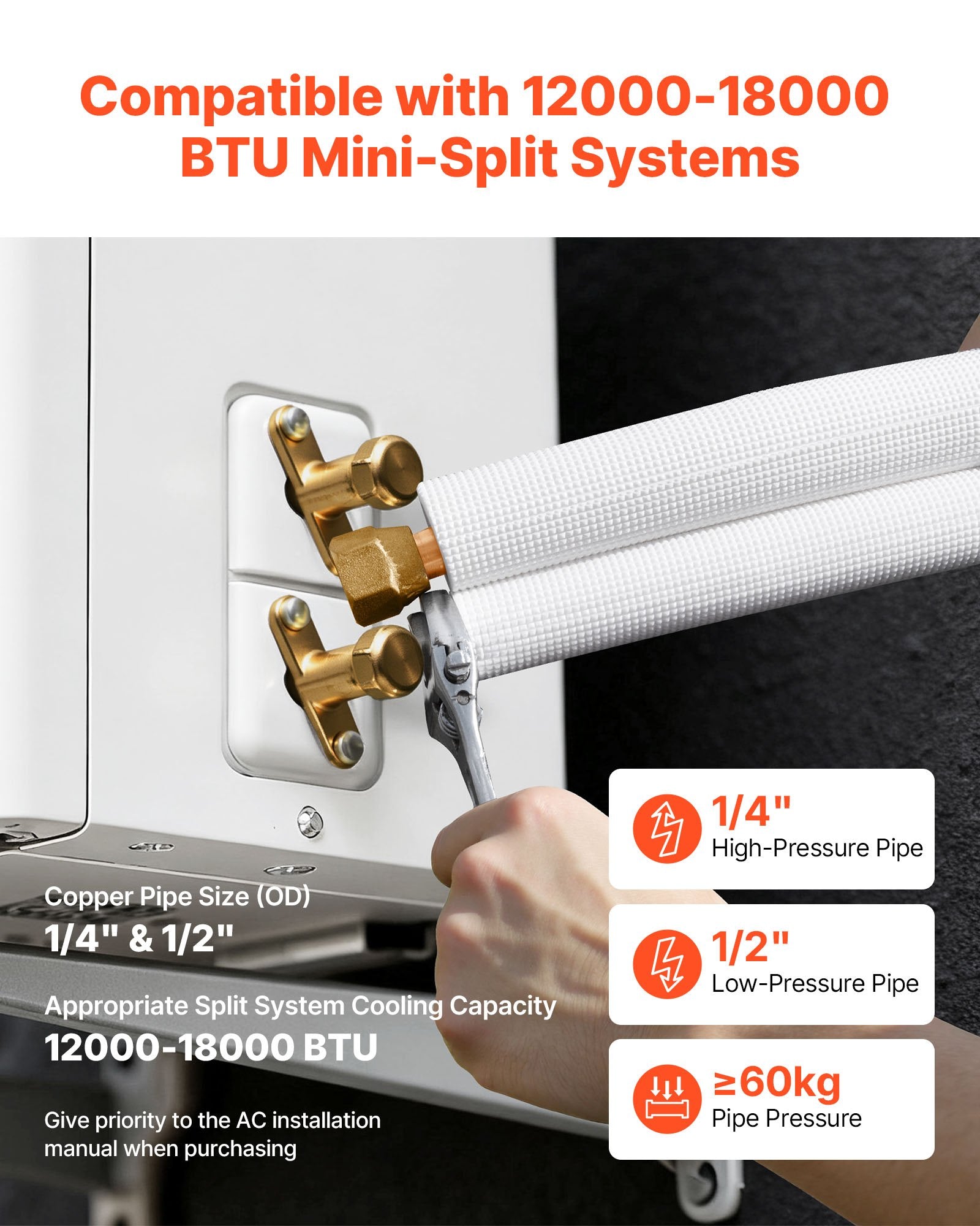 15.2m Mini Split Line Set, 6.4 & 12.7mm OD AC Copper Tubing Pipe, 3/8 White PE Thickened Insulated Coil with Flared Nuts, Strapping Tapes, for Mini Split Air Conditioner HVAC or Heat Pump System