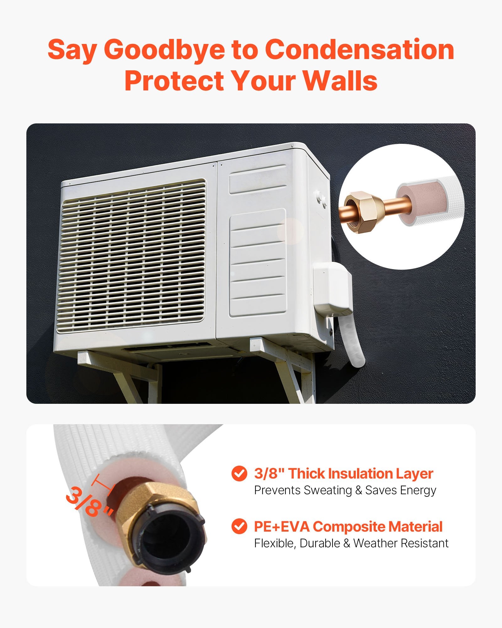 15.2m Mini Split Line Set, 6.4 & 9.5mm OD AC Copper Tubing Pipe, 3/8 White PE Thickened Insulated Coil with Flared Nuts, Strapping Tapes, for Mini Split Air Conditioner HVAC or Heat Pump System